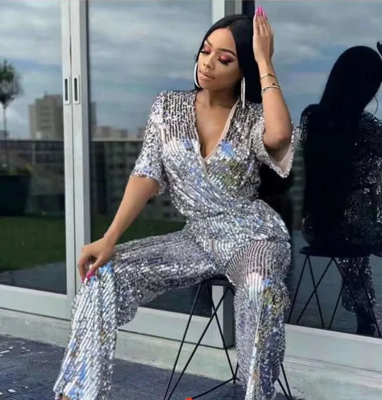 

2019 Hot sale Fashion Night club Celebrity Full Length jumpsuit Empire V-neck Sequined Sexy Women Body Con Jumpsuits Wholesale