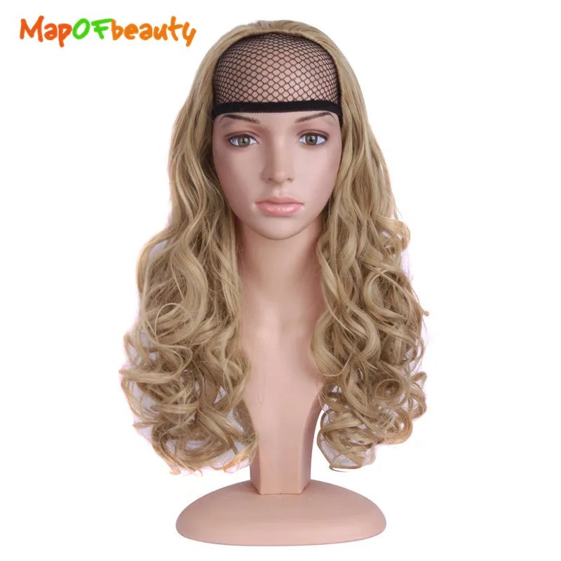 

MapofBeauty Half Head Wig Gold Dark Brown 24" 60cm Long Wavy Women Heat Resistant Wigs Synthetic Natural Fake Hair Extensions