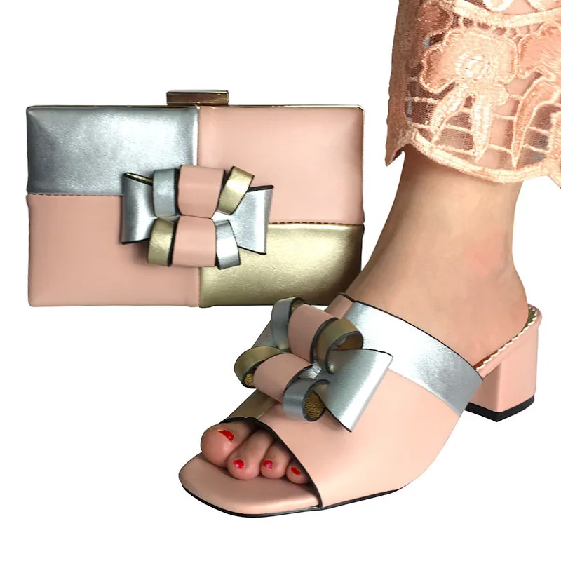 

Peach and silver New Coming Italian Ladies Shoe and Bag Set African Shoe and Bag Set for Party In Women Nigerian Women shoes