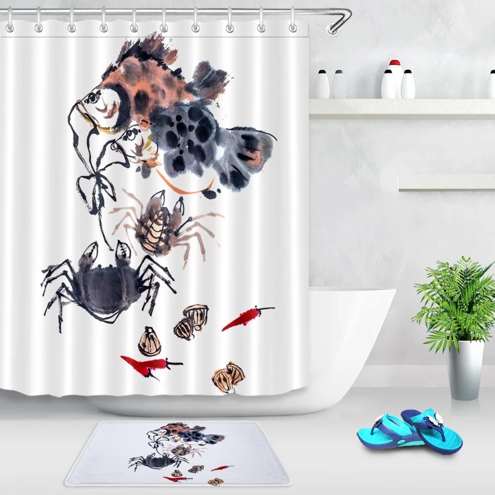 

Ink painting Fish Shrimp Crab Scallop Chili Shower Curtains Bathroom Curtain Waterproof Polyester Fabric for Bathtub Home Decor