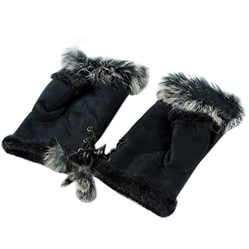 Женские модные зимние теплые имитация кроличьей шерсти Искусственные кожаные перчатки без пальцев