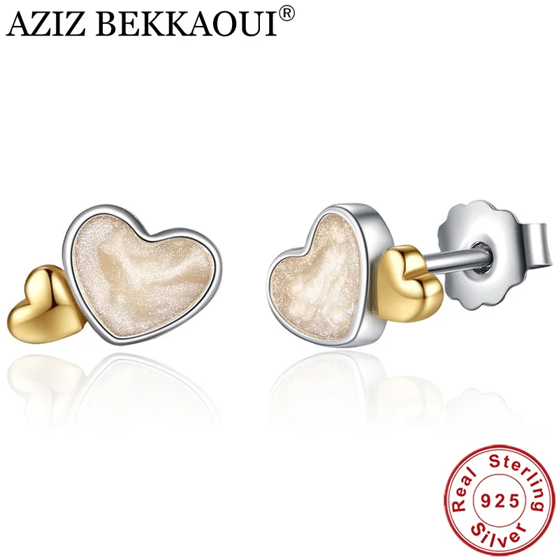 

AZIZ BEKKAOUI Hot Sale 100% 925 Sterling Silver Double Heart to Heart Stud Earrings For Women Love Heart Fine Jewelry