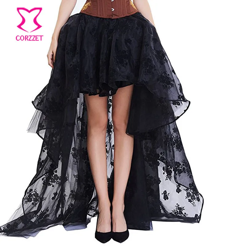Черная шифоновая юбка с цветочным рисунком спереди, короткая сзади, длинная готическая юбка в викторианском стиле, стимпанк, Женская винтажная Клубная одежда размера плюс