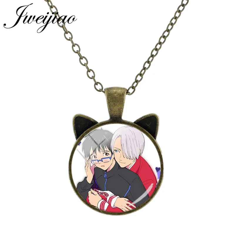 

JWEIJIAO Antique Bronze Anime YURI!!! on ICE Pendant Necklace Cartoon Katsuki Yuri Glass Picture Ear Charms Necklaces Gift AN12
