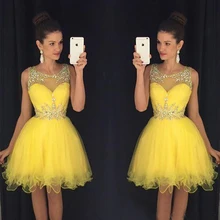 Желтое новое платье для выпускного вечера ТРАПЕЦИЕВИДНОЕ Прозрачное платье с вырезом лодочкой расшитое бисером короткое платье для молодых девушек 15 Выпускные вечерние коктейльные платья размера плюс