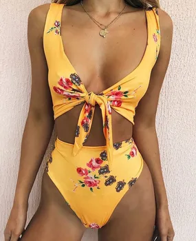 

Brazilian Sexy Lady High Waist Bikini Print Swim Wear Knotted Swim Swimsuit