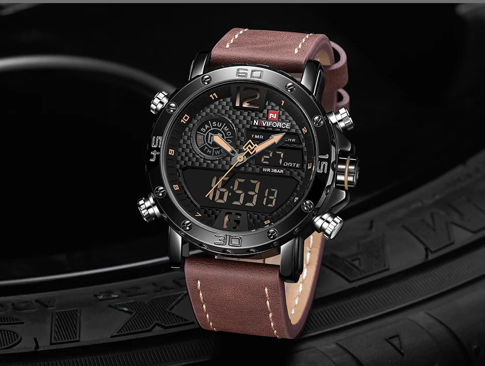 NAVIFORCE мужские часы от роскошного бренда мужские кожаные спортивные часы мужские кварцевые светодиодный цифровые часы водонепроницаемые военные наручные часы