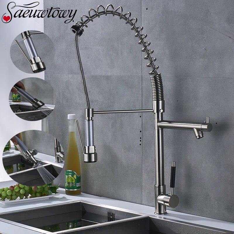 

Chrome Finished Pull Out Spring Kitchen Faucet Swivel Spout Vessel Sink Mixer Tap