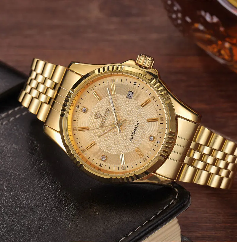 Золотые автоматические механические мужские часы с календарем, полностью из нержавеющей стали, спортивные часы, лучший бренд, Роскошные наручные часы