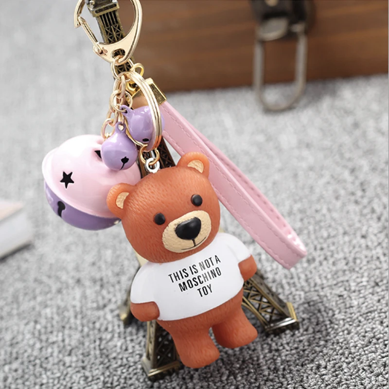 New teddy bear bell keychain cartoon anime key chain ring boy girls