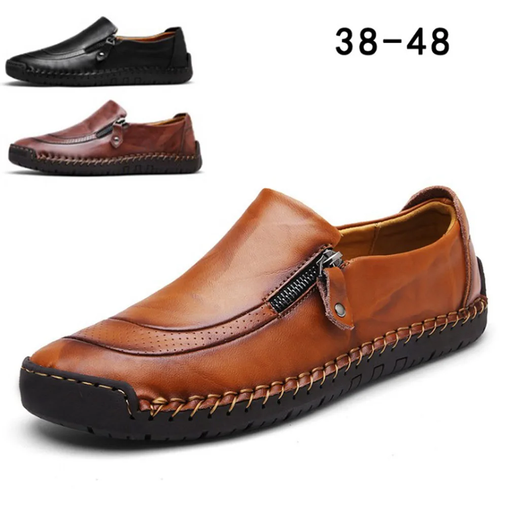 

Fashion Men's Leather Casual Zipper Shoes Breathable Antiskid Cowhide Loafers Moccasins Spring Autumn Plus Size 38-48 Footwear