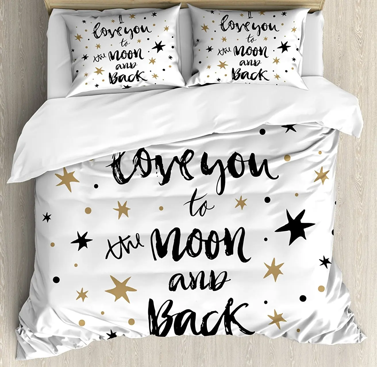 

Duvet Cover Set Hand Drawn I Love You to the Moon and Back Quote Stars Valentine's Celebration, 4 Piece Bedding Set