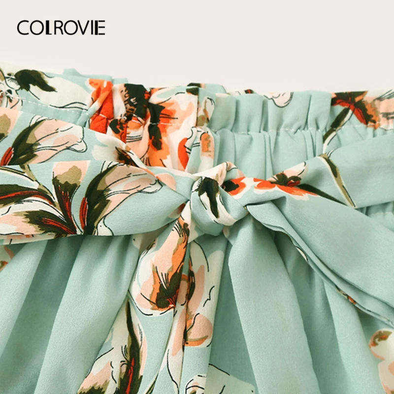 COLROVIE, зеленые, с завязками, цветочный принт, эластичная талия, Boho, летние шорты для женщин,, летние, широкие, с поясом, пляжные, повседневные шорты