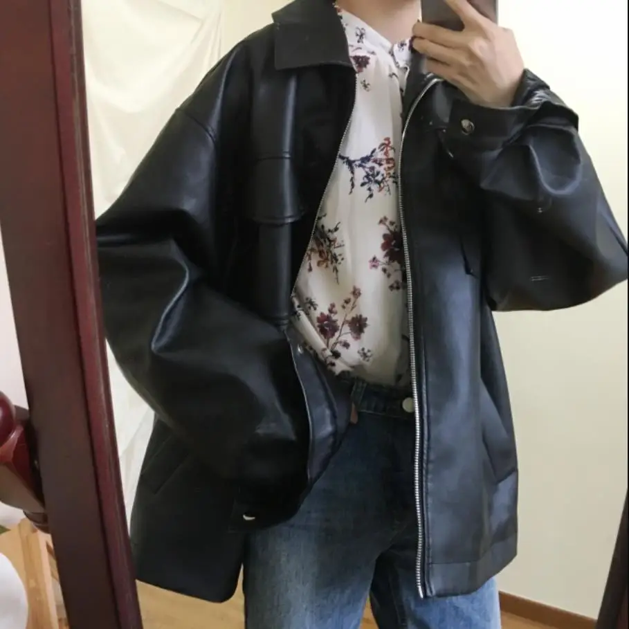 

Leather jacket women 2019 spring autumn new fashion black BF style loose pu coat