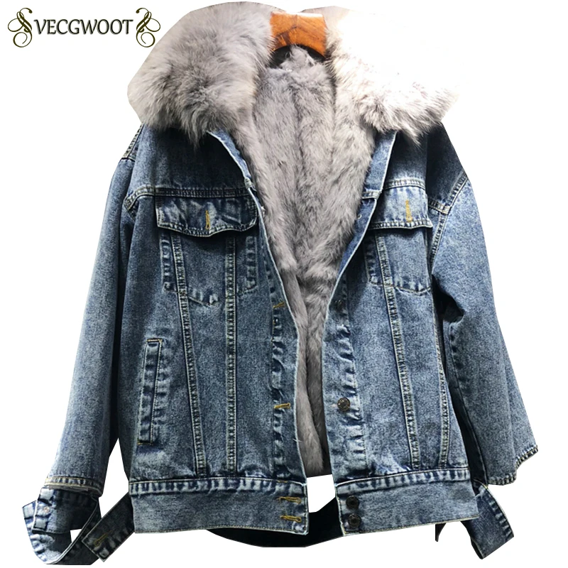 

2019 Autumn Winter New Women Plus velvet Denim jacket Female Fashion Long sleeve Fur collar Jacket Women Large size Coat S862