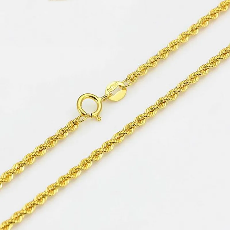 

New Real 18k Yellow Gold Chain Women Men Luck 2mmW Rope Chain Necklace