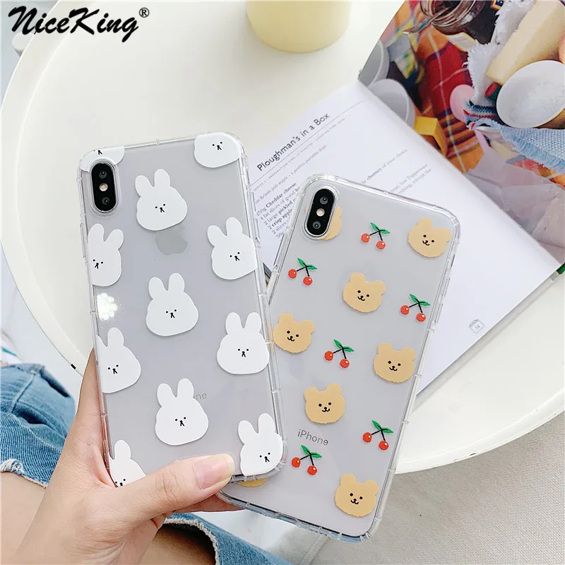 Niceking для iPhone 6, 6s, 7, 8 Plus, X, XR, XS Max, чехол с милым мультяшным медведем, Кроликом, мягкий ТПУ чехол для телефона, для iPhone 11 Pro, Max, чехол