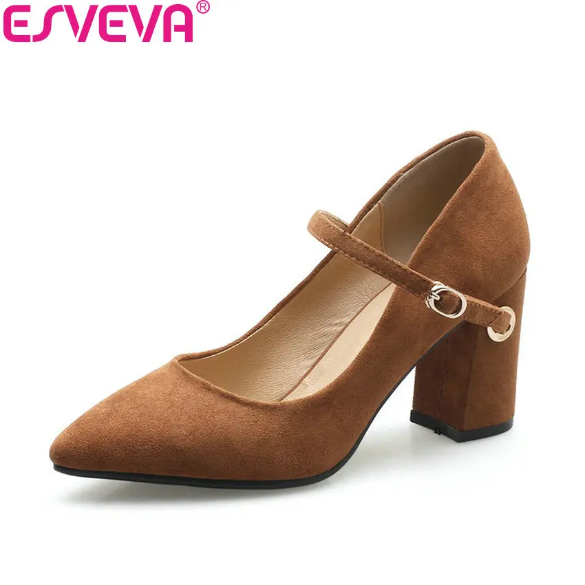 

ESVEVA 2018 Women Pumps Out Door Square High Heels Spring and Autumn Pointed Toe High Heels Buckle Strap Women Shoes Size 34-40