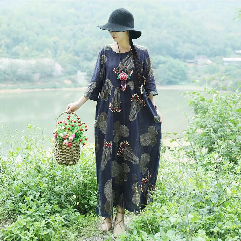 Cotton and Linen Prairie Chic Style Print Loose Dress High Waist Three