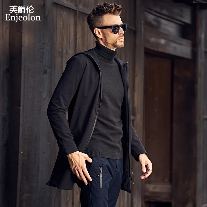 Enjeolon Brand Hooded Collar Trench Jacket Coat Men Quality Male Clothing Long Black Trench Coat Windbreaker Jacket JK0525 Enjeolon Brand Hooded Collar Trench Jacket Coat Men Quality Male Clothing Long Black Trench Coat Windbreaker Jacket JK0525
