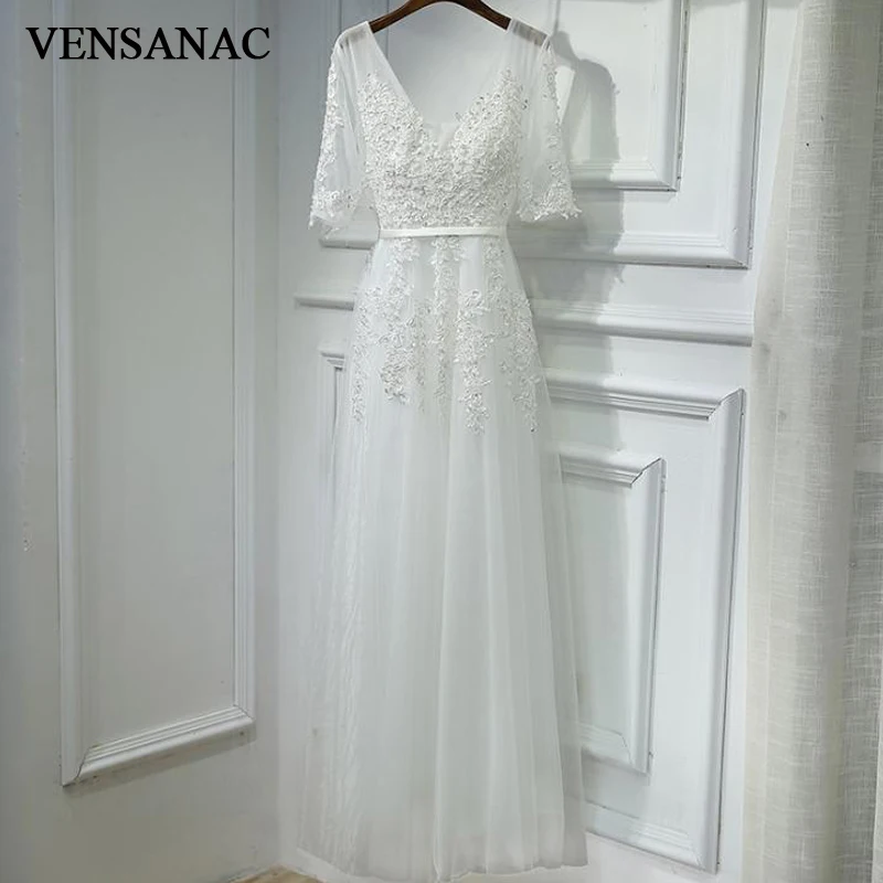 VENSANAC 2018 V Neck Sequined A Line Lace Appliques Long Evening Dresses Party Half Sleeve Pearls Sash Backless Prom Gowns VENSANAC 2018 V Neck Sequined A Line Lace Appliques Long Evening Dresses Party Half Sleeve Pearls Sash Backless Prom Gowns