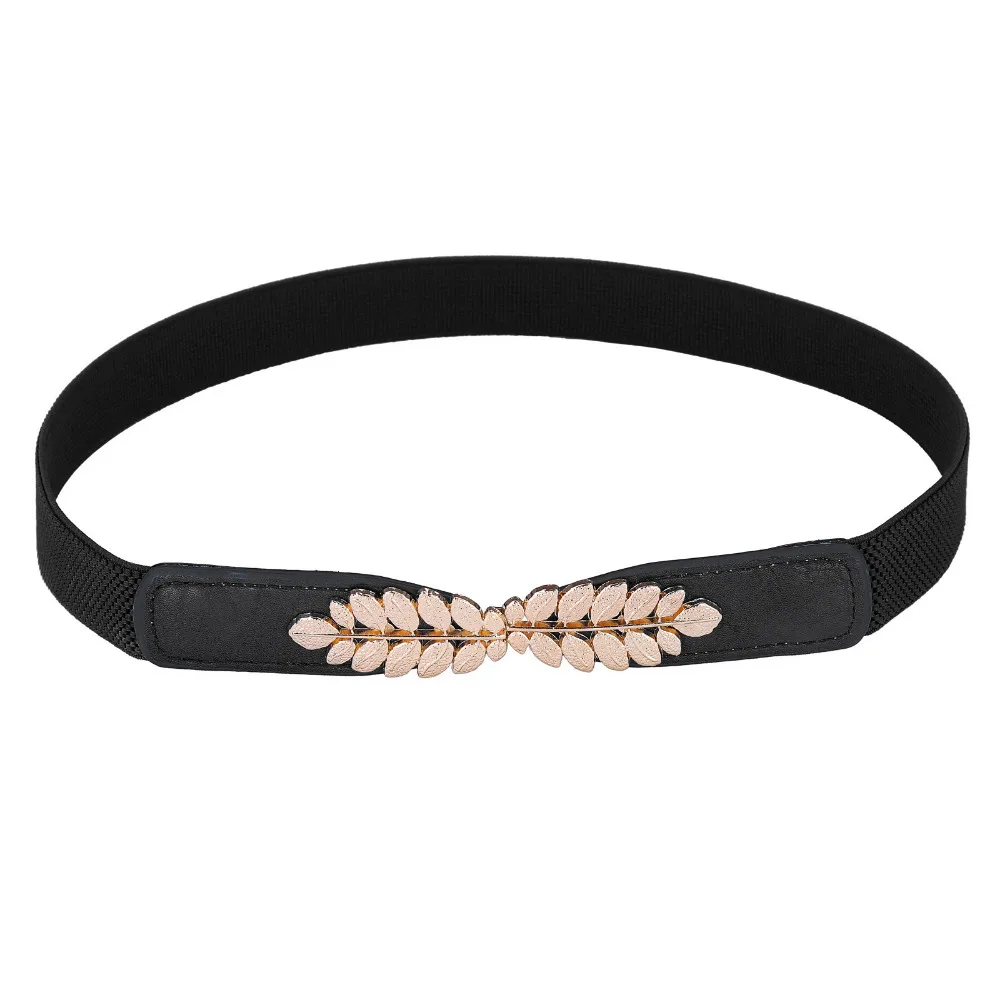 

2016 New Fashion Elastic Metal Leaf Buckle Belts for Women Dress Accessories Retro Waistband Blue Pink White Black Adult Belt
