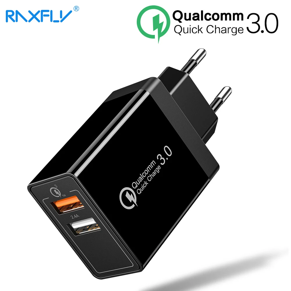 Зарядное устройство RAXFLY с двумя USB портами и поддержкой быстрой зарядки 30