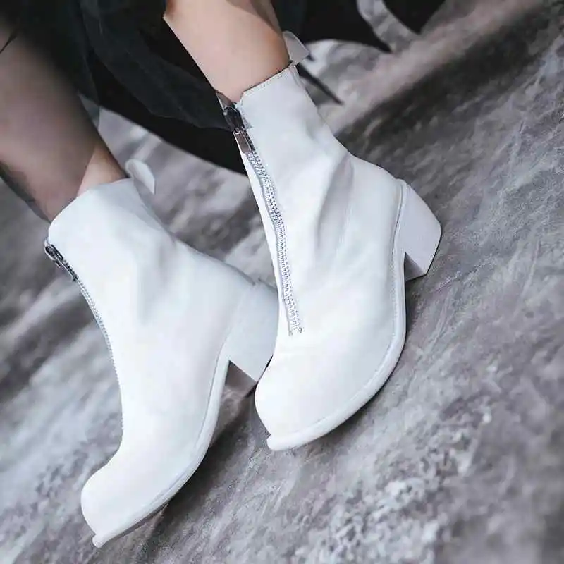 Krazing Pot/зимние ботинки в байкерском стиле из натуральной кожи на молнии; Уличная обувь на каблуке 5 см; высококачественные женские ботильоны; L23 - Цвет: Белый
