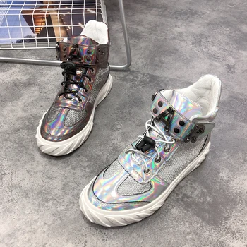 

2019 new Harajuku style hip-hop laser reflective color flat casual shoes breathable mesh high-top shoes women
