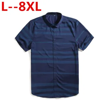 

Plus size 8XL 7XL 4XL Men's Short Sleeve Blue Oxford Dress Shirt Cotton Male Casual Striped Button Down Shirts 5XL 6XL Big size