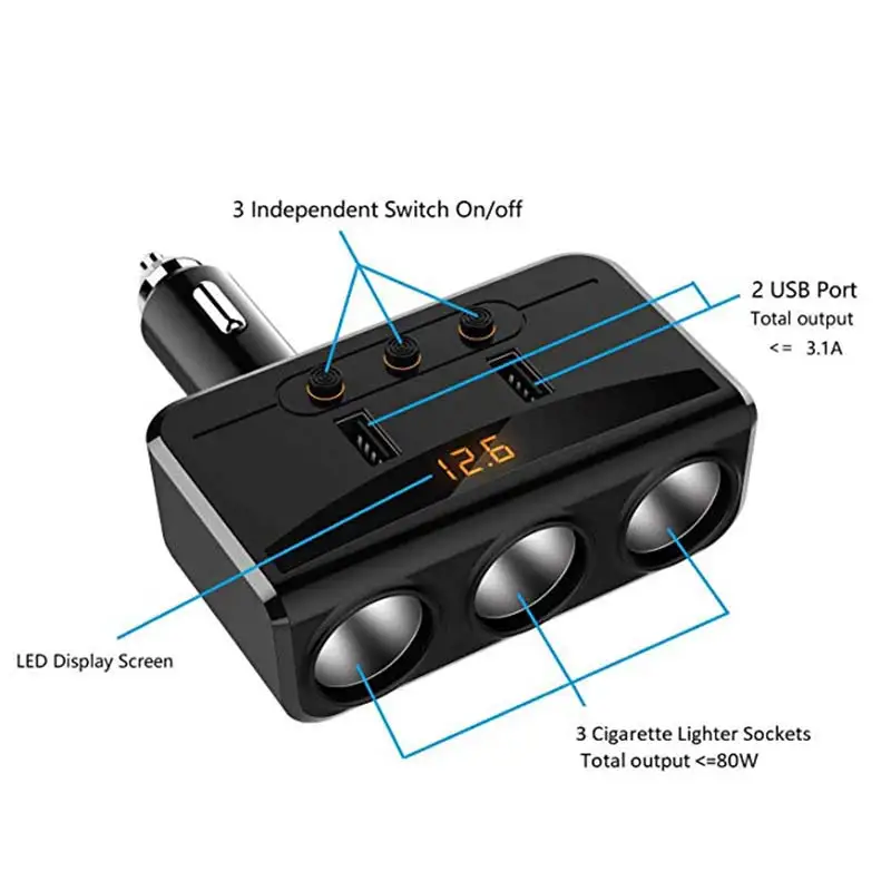 Автомобильное зарядное устройство с двумя USB и 3 прикуривателя адаптер гнезд совместим с iPhone, LG, htc, samsung, BlackBerry