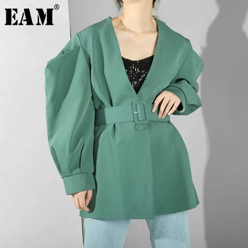 

[EAM] 2020 New Spring Autumn Lapel Long Sleeve Green Loose Waist Bandage Temperament Jacket Women Coat Fashion Tide JL0830
