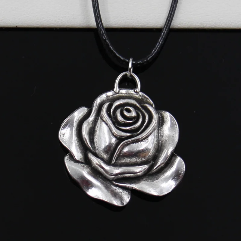 

New Fashion Tibetan Silver Pendant rose flower Necklace Choker Black Leather Cord Factory Price Handmade jewelry