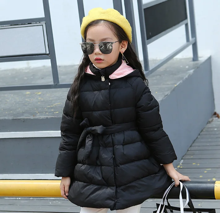 Осенне-зимняя одежда для маленьких девочек утепленное хлопковое пальто средней длины однотонная От 3 до 5 лет с поясом - Цвет: Черный