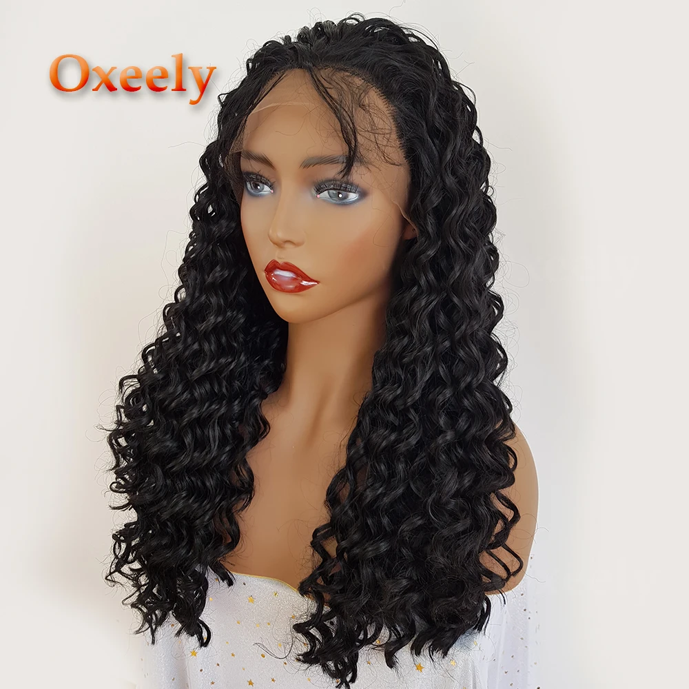 Oxeely Kinky Curly Synthetic Lace Front Wig Long Black Wigs with Baby