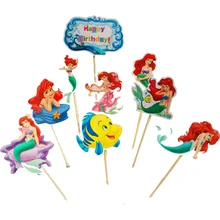 Mermaid Theme Happy Birthday Party Cake Topper Kids Favors Decorate Cupcake Toppers With Sticks Baby Shower Supplies 1set/pack