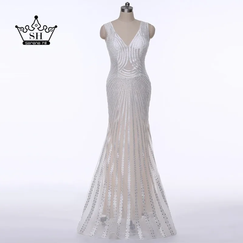 Sexy Deep V-neck Crystal Mermaid Evening Dresses 2017 White Low Back Prom Dress Party Vestido De Festa Longo Serene Hill