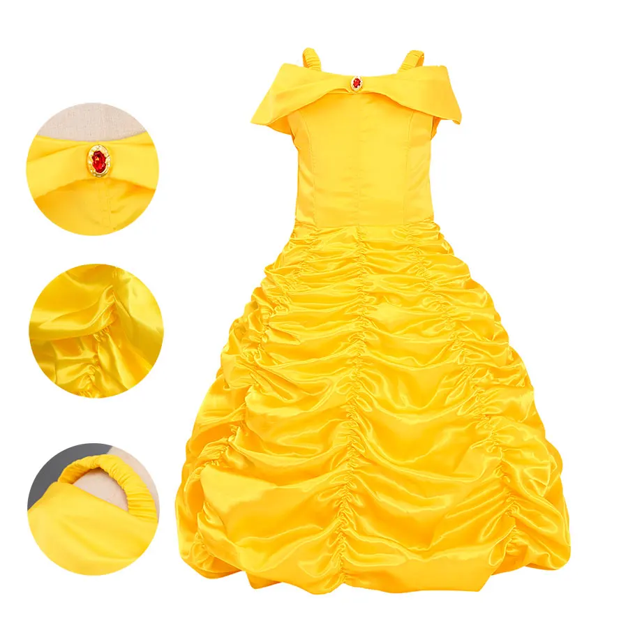 Желтое платье принцессы Белль для девочек; карнавальный костюм; Многослойная юбка на плече; костюм; Детские вечерние платья на Хэллоуин