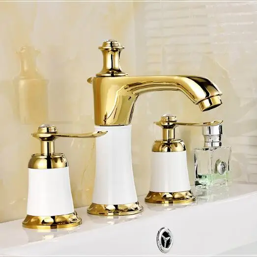 Bacia de Bronze Branco e Ouro Pia do Banheiro 8 Espalhar Cold & Hot Torneira da Torneira 2 Alças Sink Toque Mixer 3 Pcs Deck Montado