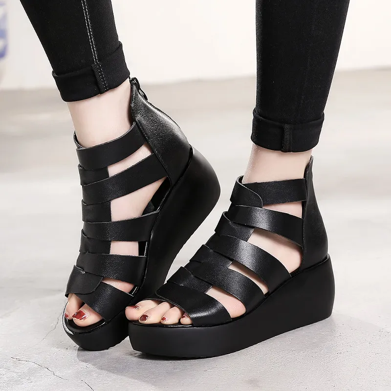 

YMECHIC 2018 Lady Rome Platform Sandals Cow Leather Hollow Wedge Heels Gladiator Sandals Women White Black Peep Toe Shoes Summer