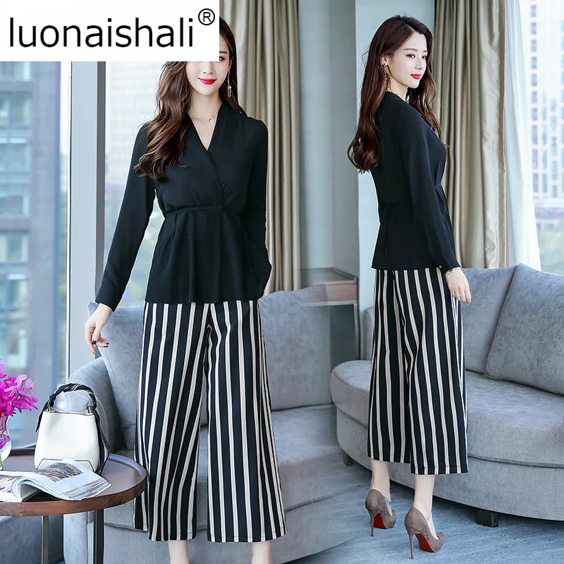 Palazzo Manches Large Lady Et H047 Shown 2 Conjunto Pantalon Pièces Deux Femmes Longues Ensemble As Haut Jambe Office Feminino Costume Pantalons 6zdqw6