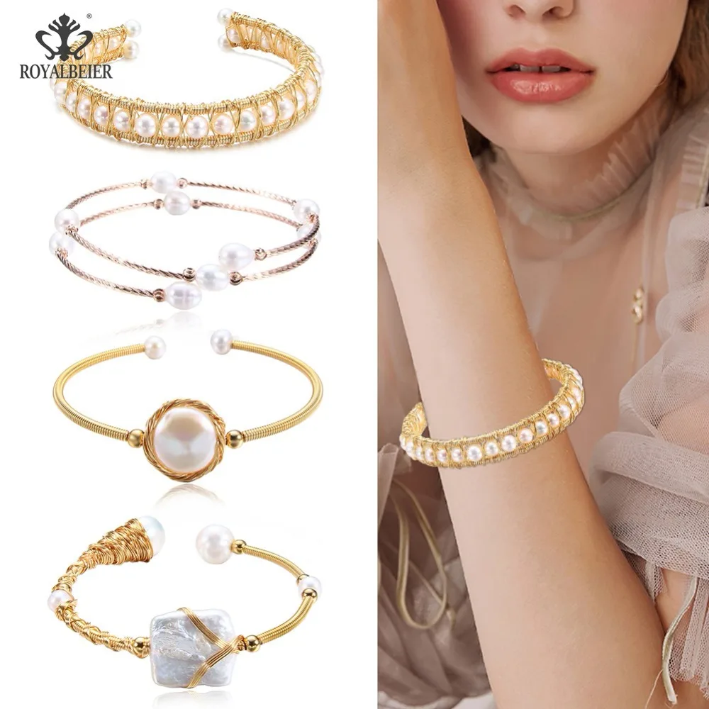 

RoyalBeier Boho Women Bowknot Genuine Natural Pearl Round Crystal Pearl Opening Gold Charm Bracelet Fashion Multilayer Bracelet