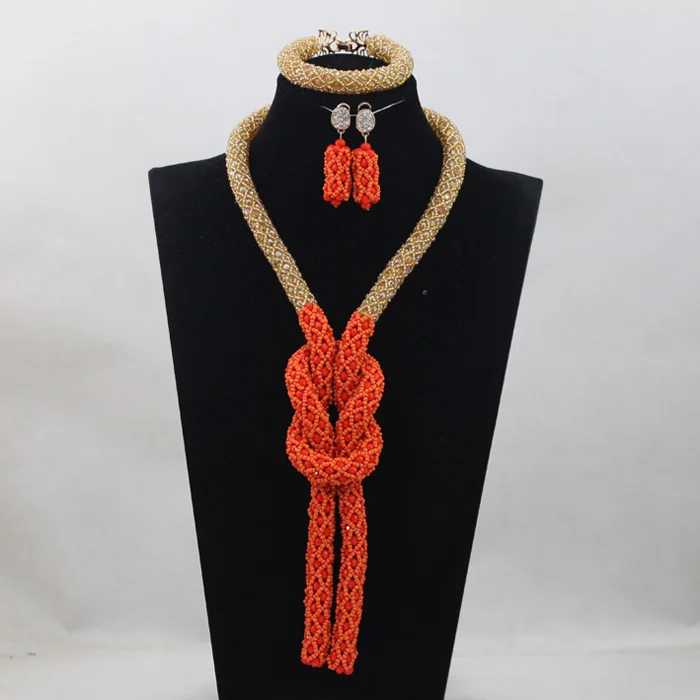 

African Wedding Bridal Trendy Champagne Red/Orange Crystal Nigerian Women Beads Necklace Jewelry Set Free ShippingABH188