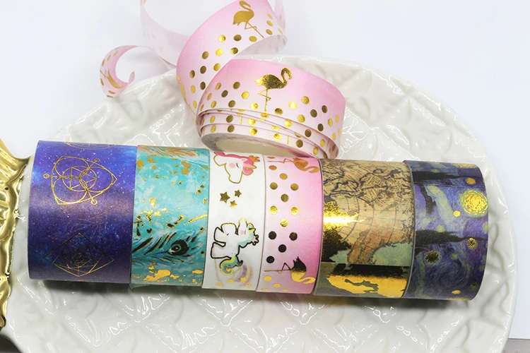 

Vintage world map/Van gogh/flamingos/Feathers/unicorns Bronzing decoration washi tape DIY planner scrapbooking masking tape