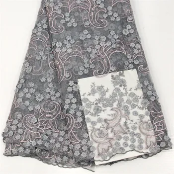 

New Appliques 5 Yards Nigeria Lace Fabric French Grey African Embroidered High Quality Tulle Net Lace Fabric with Stones A1448