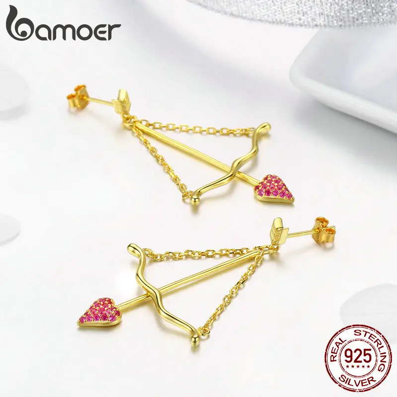 

BAMOER Genuine 925 Sterling Silver Cupid Arrow Pink Heart Drop Earrings for Women Valentines Day Gift Jewelry GAE023