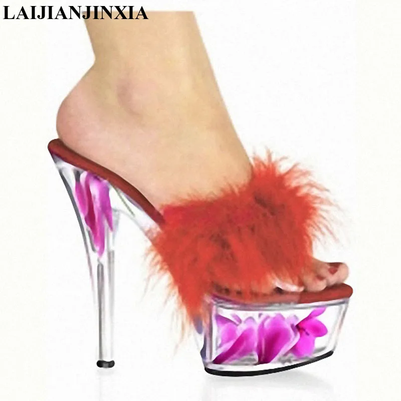 Women 15cm High Heels Feathers Slippers Party Queen Shoes Dancing Shoes Open Toe Pole