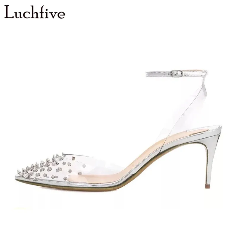 

Luchfive Rivets PVC Sandals Women Sexy Clear Wedding Pointed Toe Thin High Heel Pumps Metal Decor Shallow Single Shoes Woman