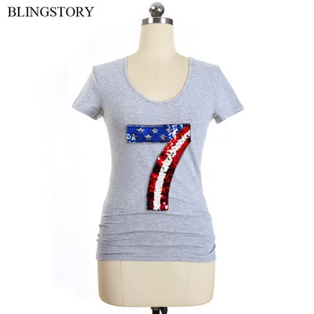 

BLINGSTORY High Street Letter Sequin Roupas Femininas White Top Short Sleeve Women's Big Size Cotton T-shirt LP52008