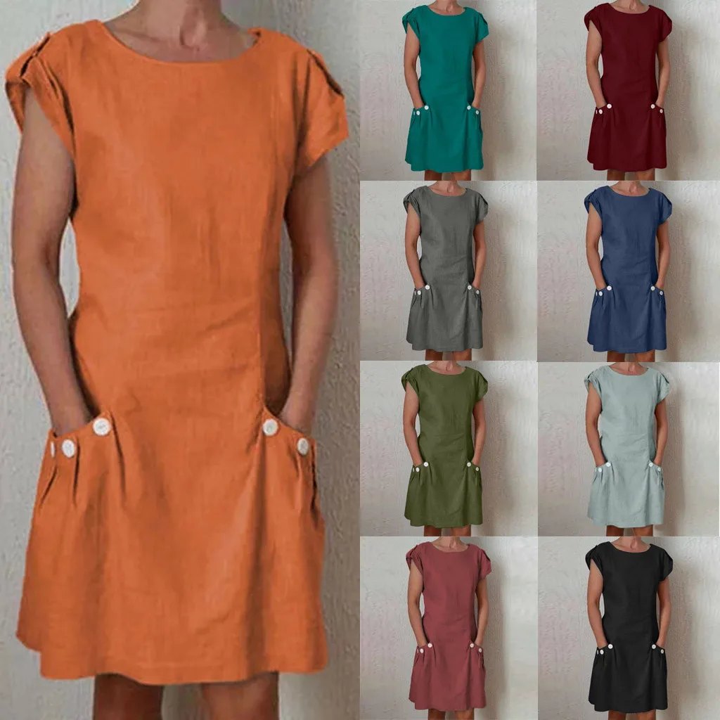 Women's Fashion Summer Classic Dresses Short Sleeve O Neck Button Linen Plus Size Midi Dresses With Pockets Vestidos Robe 5.22